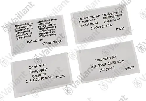 Vaillant Umstellsatz mit mehreren Einstellinformationen, die auf transparenten Beschriftungen dargestellt sind, zur Anpassung für unterschiedliche Gasdruckarten.